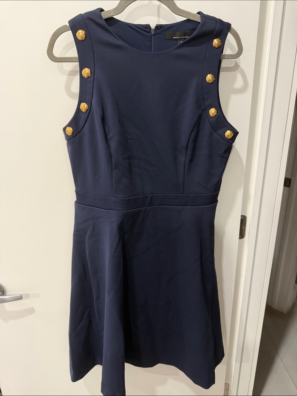 White House Black Market Navy Dress with Gold Accent